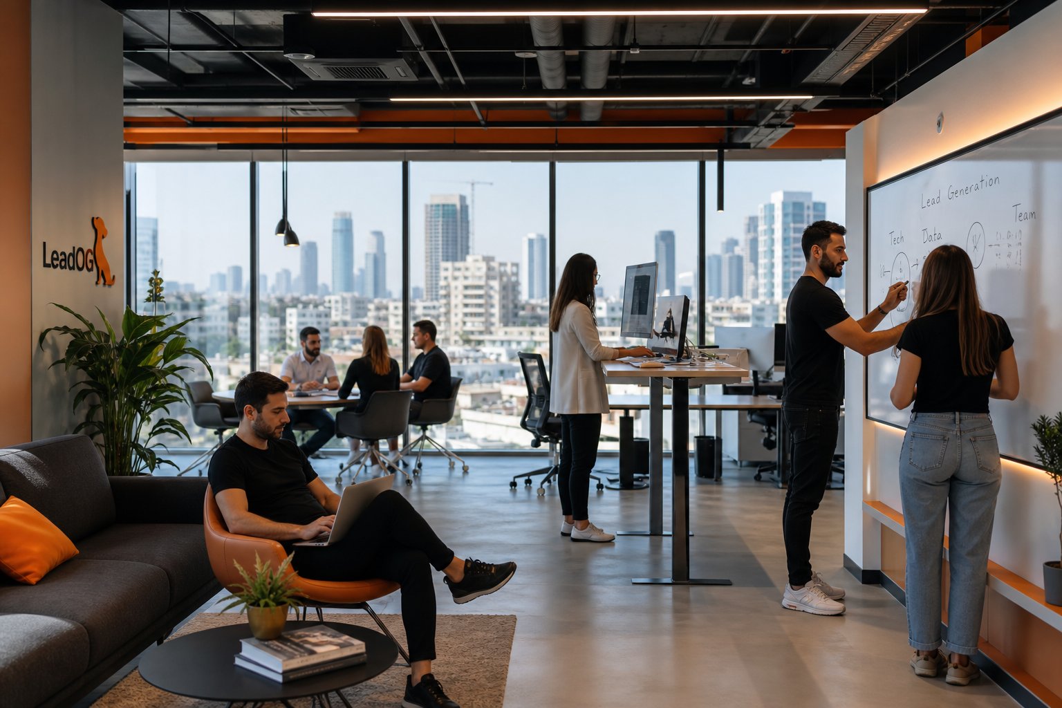 Modern product team office with Tel Aviv skyline view